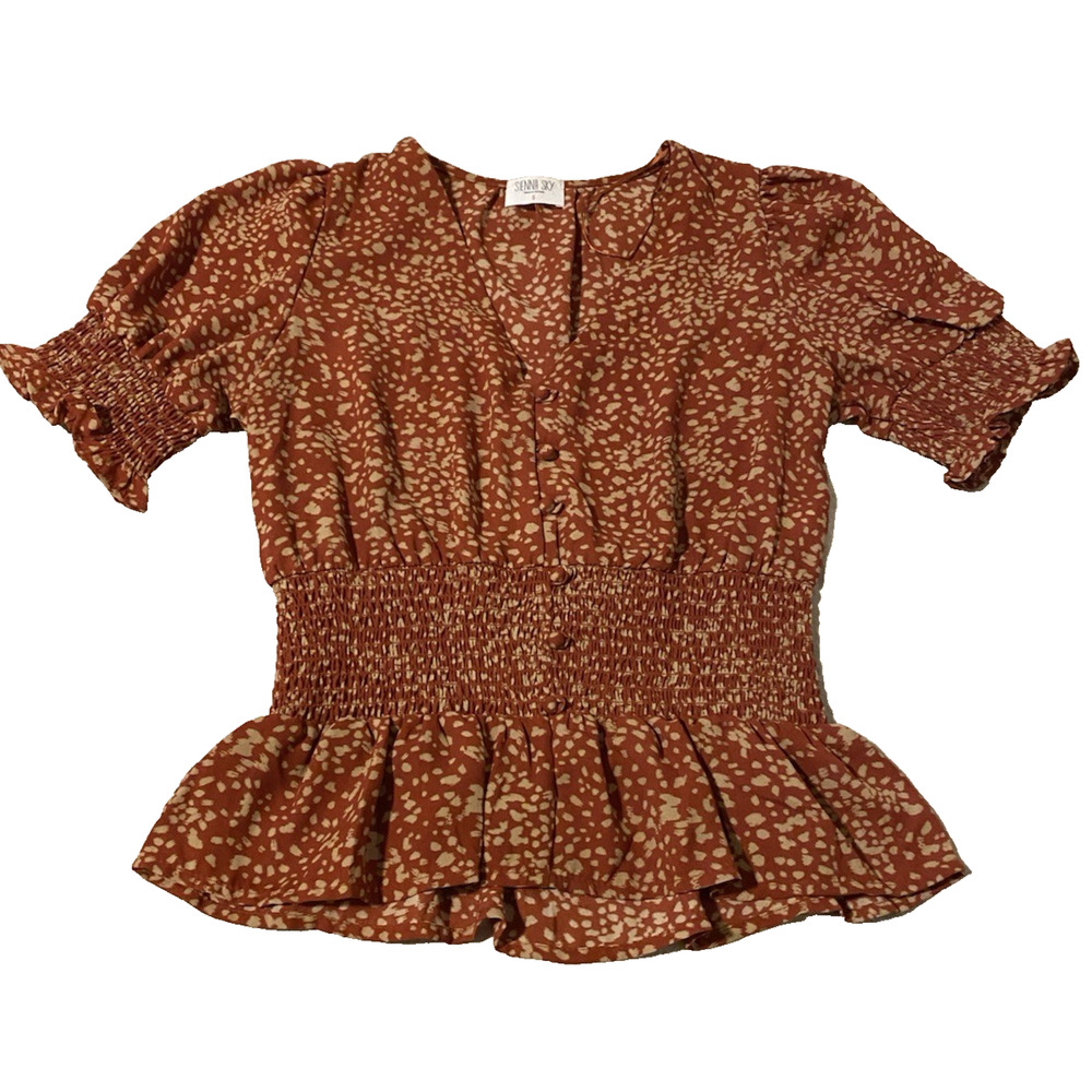 Sienna Sky Boho Blouse Womens Size Small Reddish Orange Spotted Flowy Office